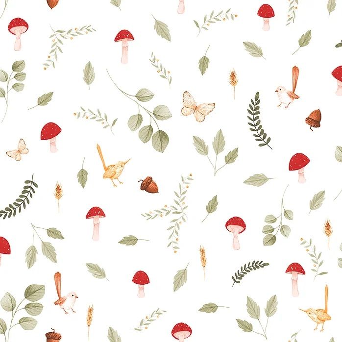 Papel de Parede Cogumelos e Pássaros Vermelho