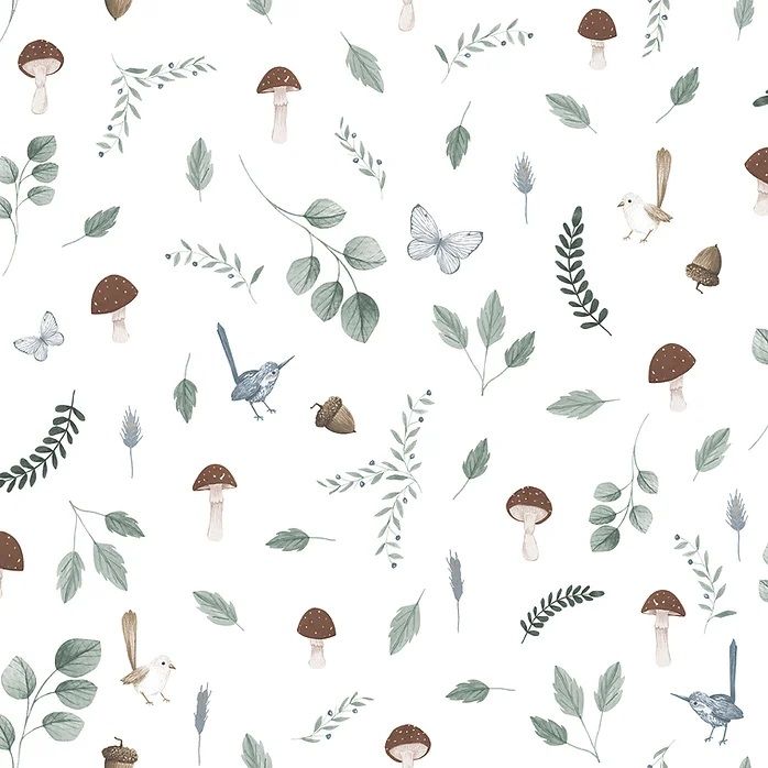 Papel de Parede Cogumelos e Pássaros Marrom