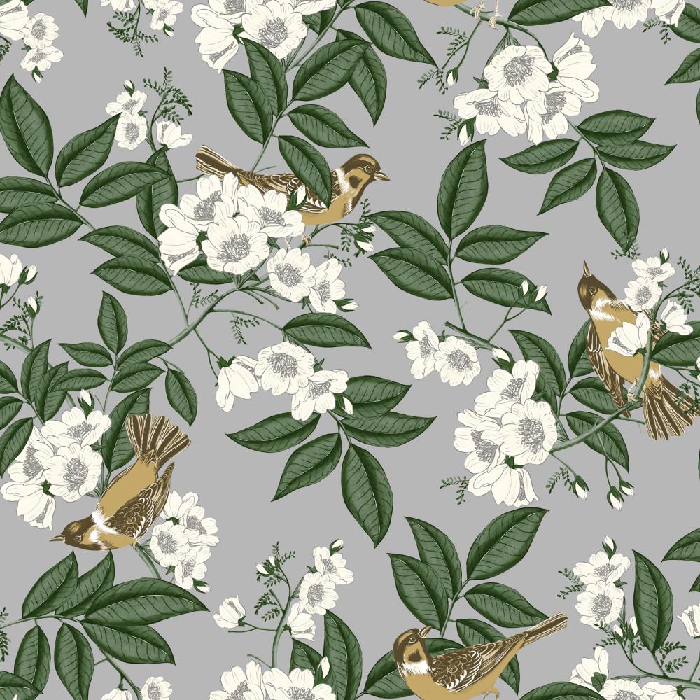 Papel De Parede Folhagem Pássaros Cinza