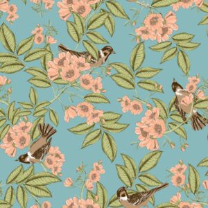 Papel de Parede Folhas e Pássaros Azul