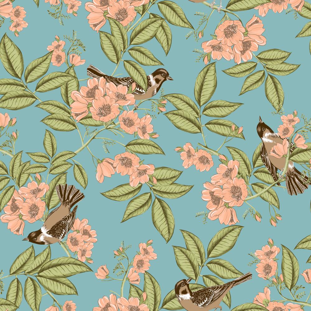 Papel de Parede Folhas e Pássaros Azul