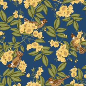 Papel de Parede Folhas e Pássaros Azul