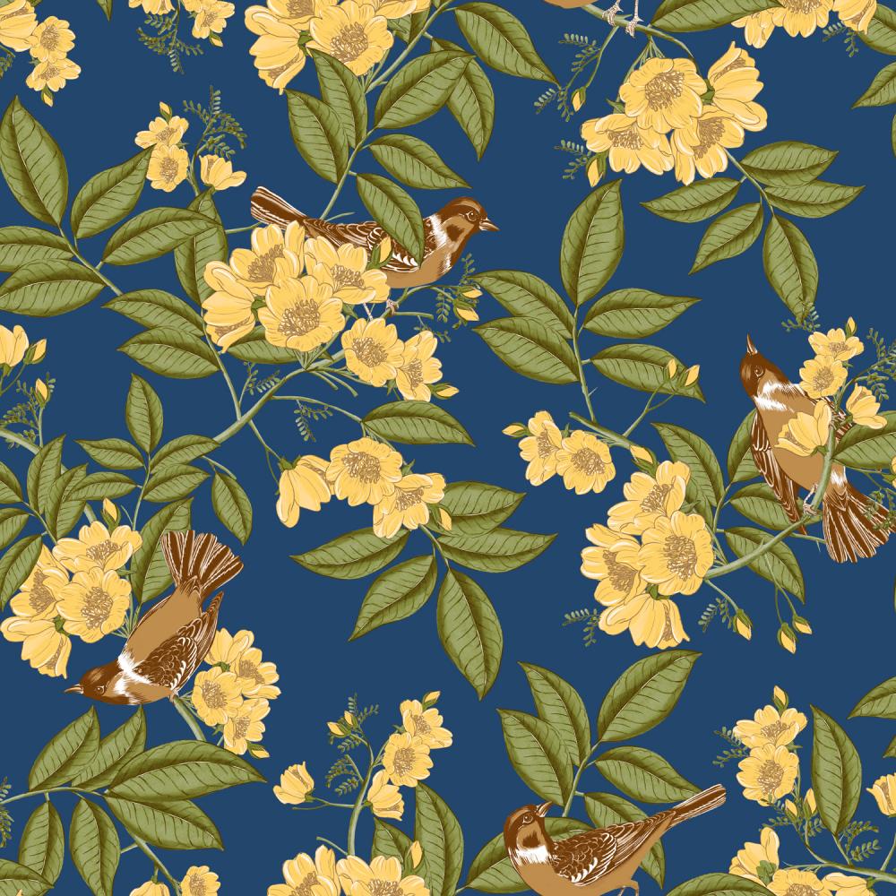 Papel de Parede Folhas e Pássaros Azul