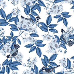 Papel de Parede Folhagem Pássaros Azul