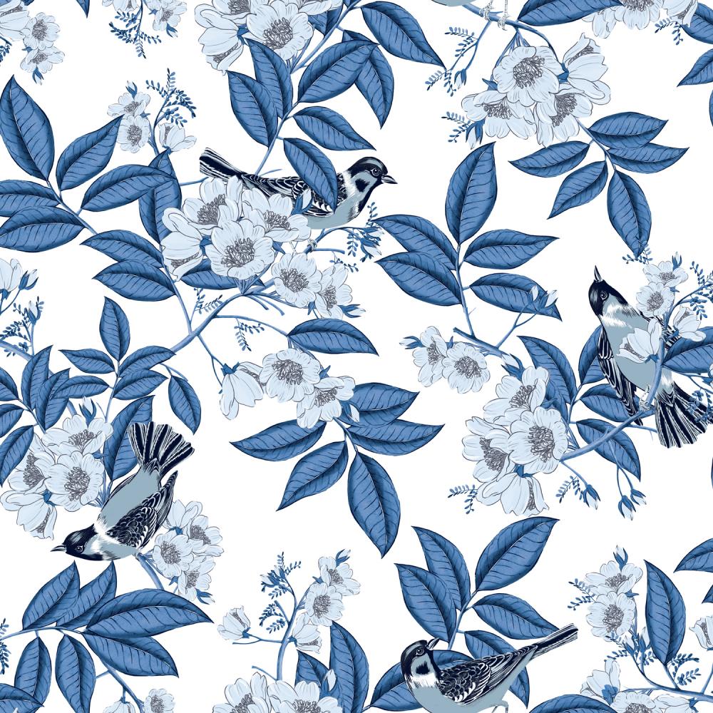 Papel de Parede Folhagem Pássaros Azul