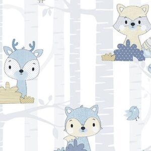 Papel de Parede Bichinhos Cinza e Azul Com Brilho