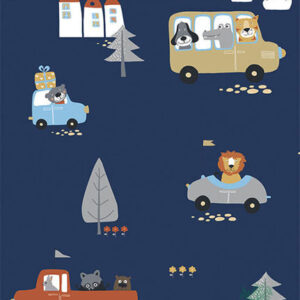 Papel de Parede Animais e Carros Azul Escuro