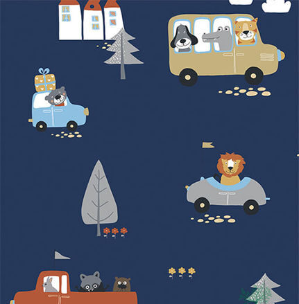 Papel de Parede Animais e Carros Azul Escuro