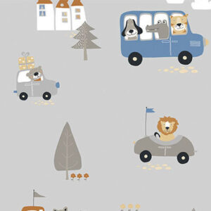 Papel de Parede Animais e Carros Cinza