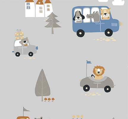 Papel de Parede Animais e Carros Cinza