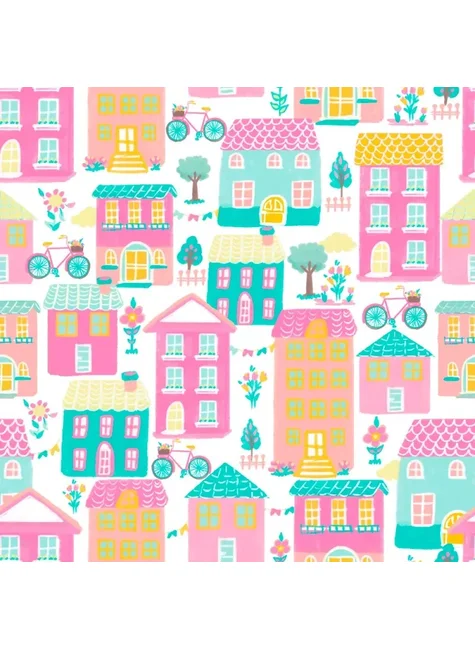 Papel De Parede Vila Multicolor Rosa